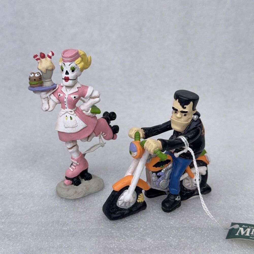 Creepy Hollow Halloween Village Car Hop & Frank on Motorcycle Figurines NOS